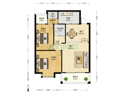 罗马花园 2室2厅2卫 94平方