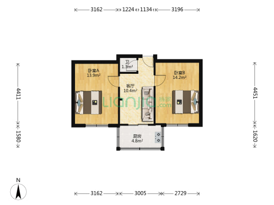 铁路59宿舍 2室1厅1卫 52平方