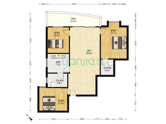 银河世纪华庭 3室1厅2卫 119平方