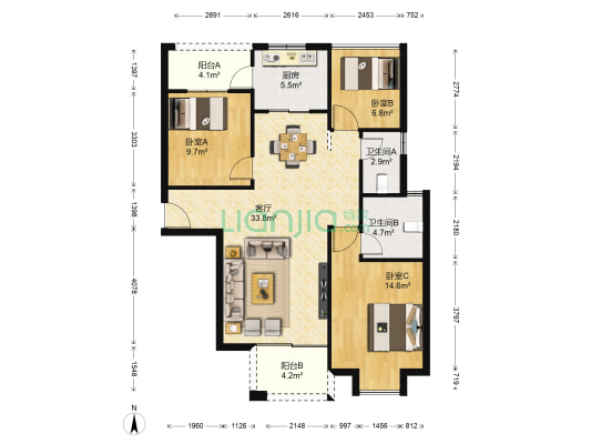 旭辉华庭 3室1厅2卫 115平方