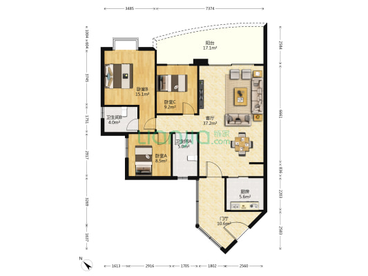 重庆市教育考试院 3室1厅2卫 118平方