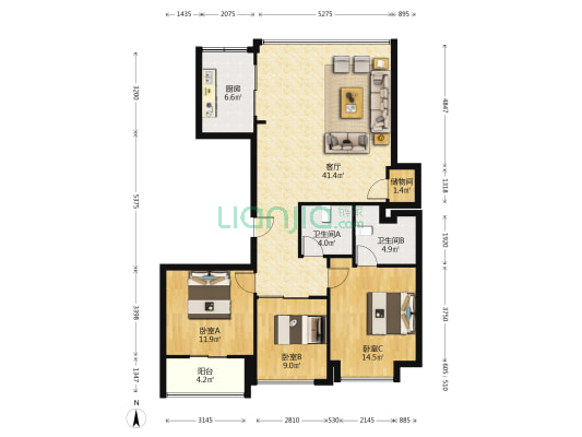 江景花苑 3室1厅2卫 127平方