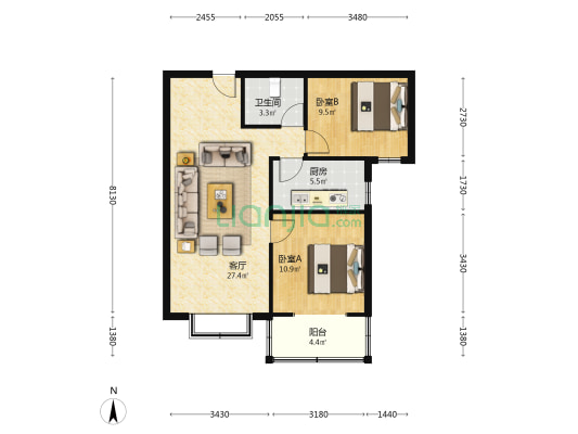 华阳路停车方便 朝南两居 户型方正-户型图