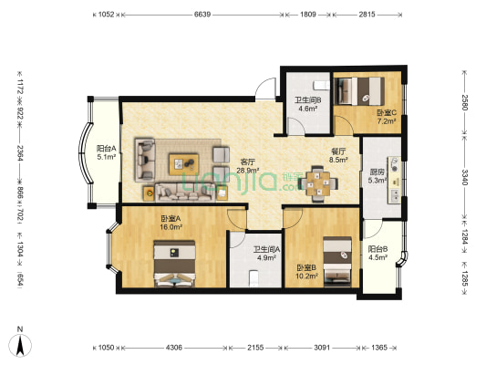 西丽园 3室2厅2卫 115平方