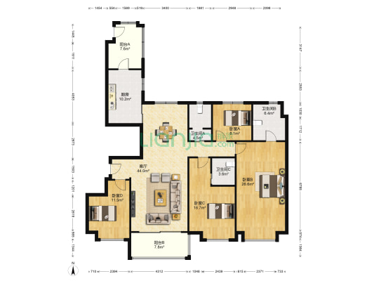 约克郡一号院 4室1厅3卫 200平方