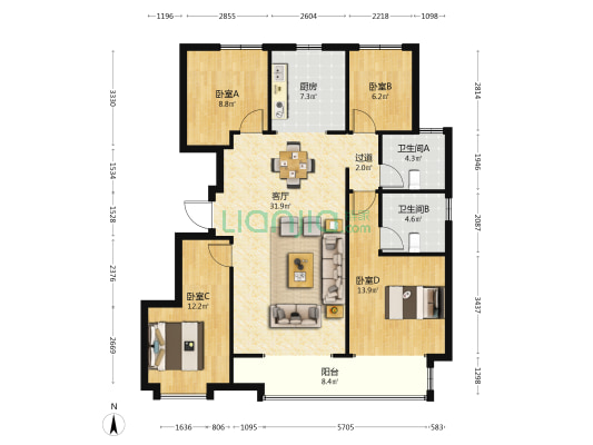 保利和光尘樾南区 4室1厅2卫 140平方