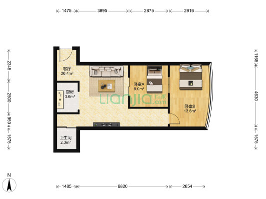 江东好世界 2室1厅1卫 78平方