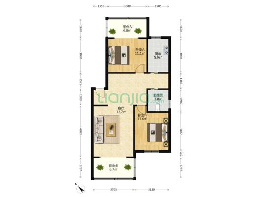 金洲家园 2室1厅1卫 90平方