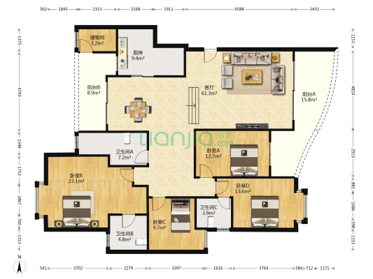 河畔新苑 4室1厅3卫 176平方