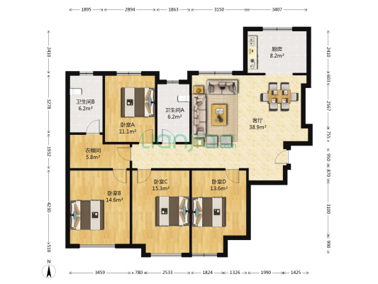 海信依云小镇 4室1厅2卫 158平方