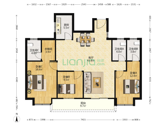 百步亭和谐里 3室1厅3卫 159平方