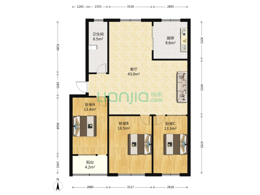 银苑小区(寒亭区) 3室1厅1卫 129平方