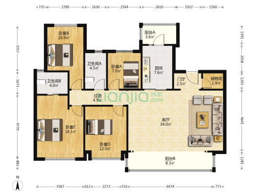 首开龙湖紫云赋 4室1厅2卫 146平方