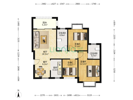学林西岸 3室2厅2卫 88平方