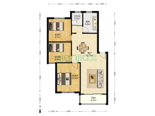 文忠苑 3室1厅1卫 92平方