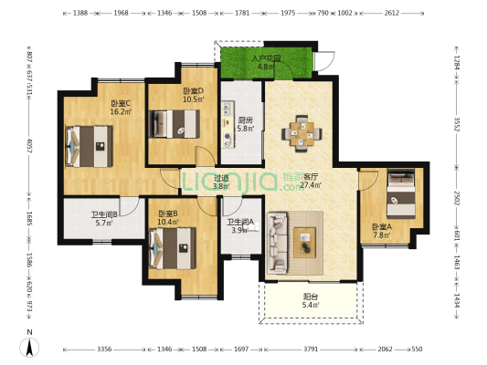 珠江四季悦城二期 4室1厅2卫 130平方