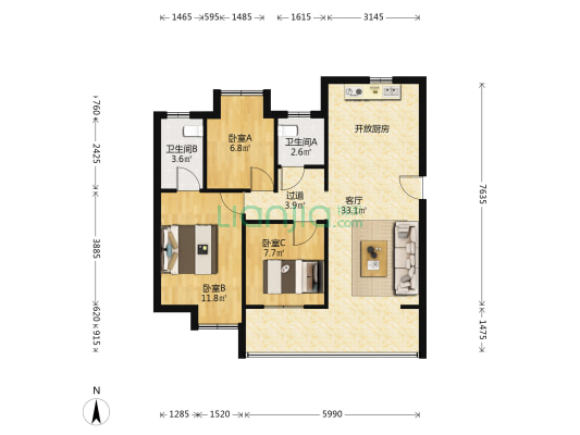 夏荷郡三区 3室1厅2卫 89平方