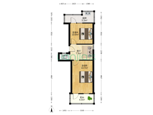 徐州发电厂职工宿舍 2室1厅1卫 48平方