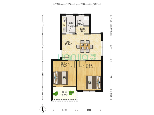 文贤苑西区 2室1厅1卫 68平方