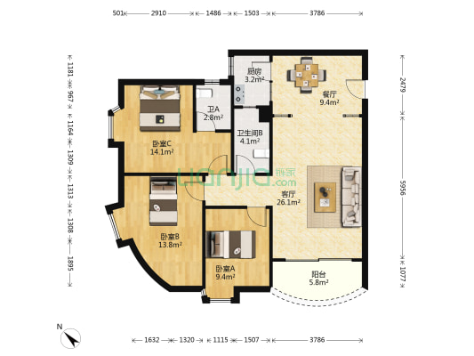 骏景楼 3室2厅2卫 118平方