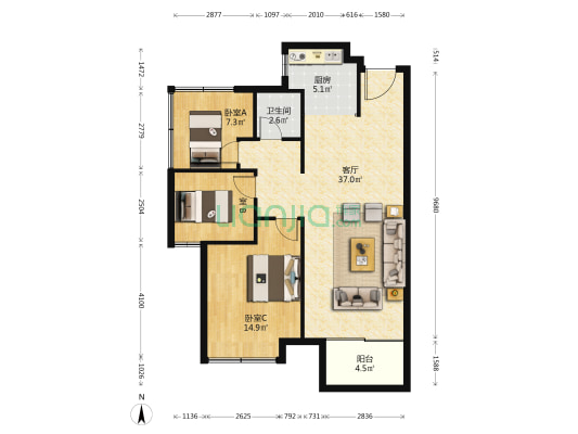 奥园园著 3室1厅1卫 96平方