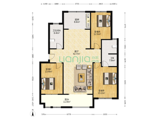 明珠财大花园小区 3室1厅2卫 144平方