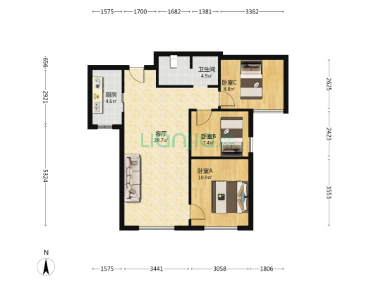 汇莲美苑 3室1厅1卫 96平方