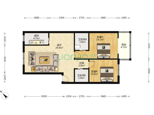 互助公寓 2室1厅2卫 89平方
