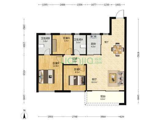 中海叁号院B区 3室1厅2卫 100平方