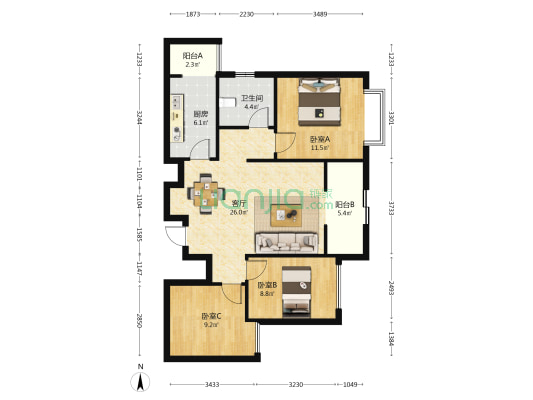 恒大文化旅游城11组团 3室1厅1卫 97平方