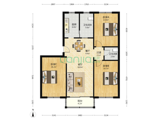 黑鱼弄小区 3室2厅2卫 114平方