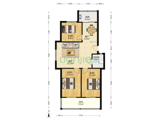 丁卯桥路129号 3室2厅1卫 100平方