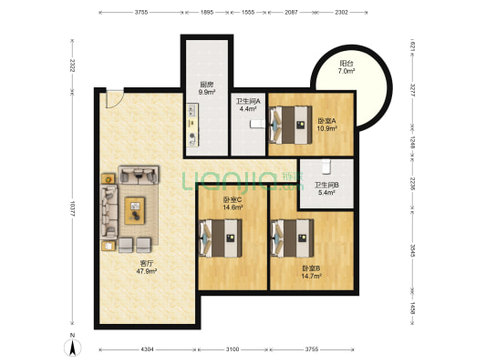 水岸金都 3室1厅2卫 135平方