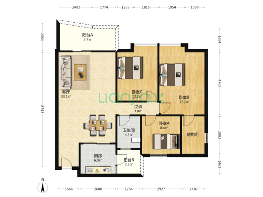 悦湖居 3室1厅1卫 117平方