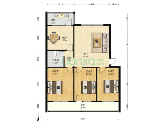佛光小区 3室2厅1卫 115平方