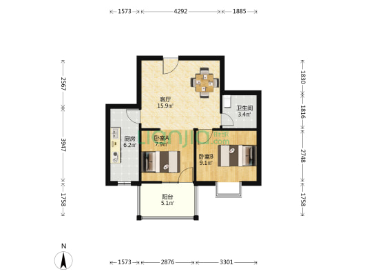 铁路三宿舍 2室1厅1卫 59平方