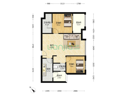 恒大云邸 2室1厅2卫 89平方