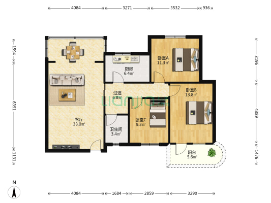 桂泰大厦 3室1厅1卫 111平方