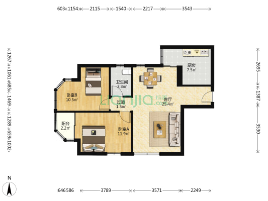 东方花苑 2室1厅1卫 86平方