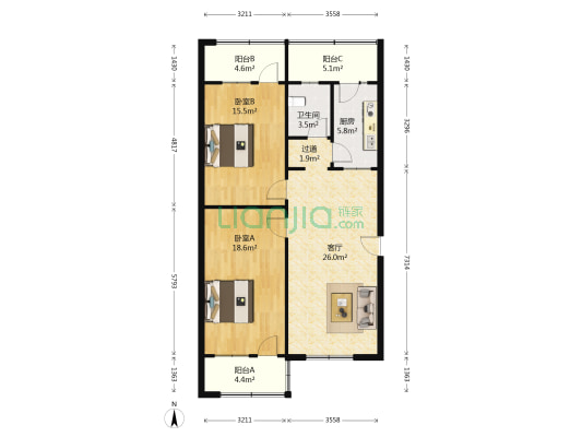 粮仓路1号院 2室1厅1卫 88平方