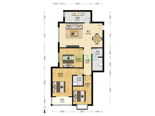 银都公馆 3室1厅2卫 113平方