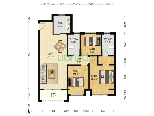 语山棠花园A区 3室1厅2卫 108平方