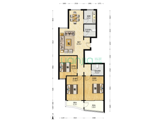 百合公寓 3室1厅2卫 126平方