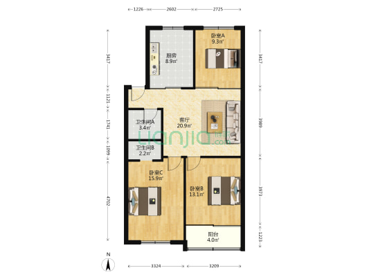 华电商贸城 3室1厅2卫 108平方