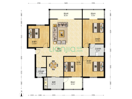 湖山巷2号 4室1厅2卫 153平方