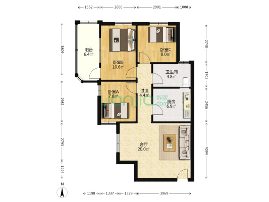 汇侨新苑 3室1厅1卫 108平方