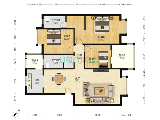 山水年华A区 3室1厅2卫 128平方