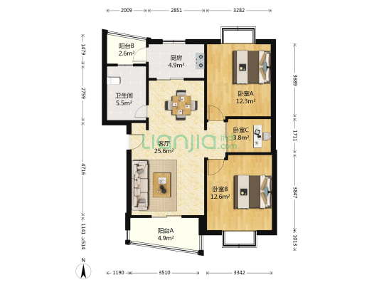 汉北家园 3室1厅1卫 88平方