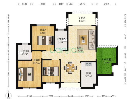 金帝君悦轩 3室1厅2卫 91平方