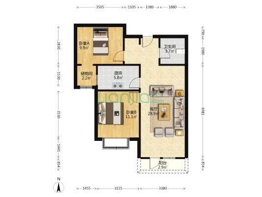 香邑溪谷 2室1厅 南-户型图